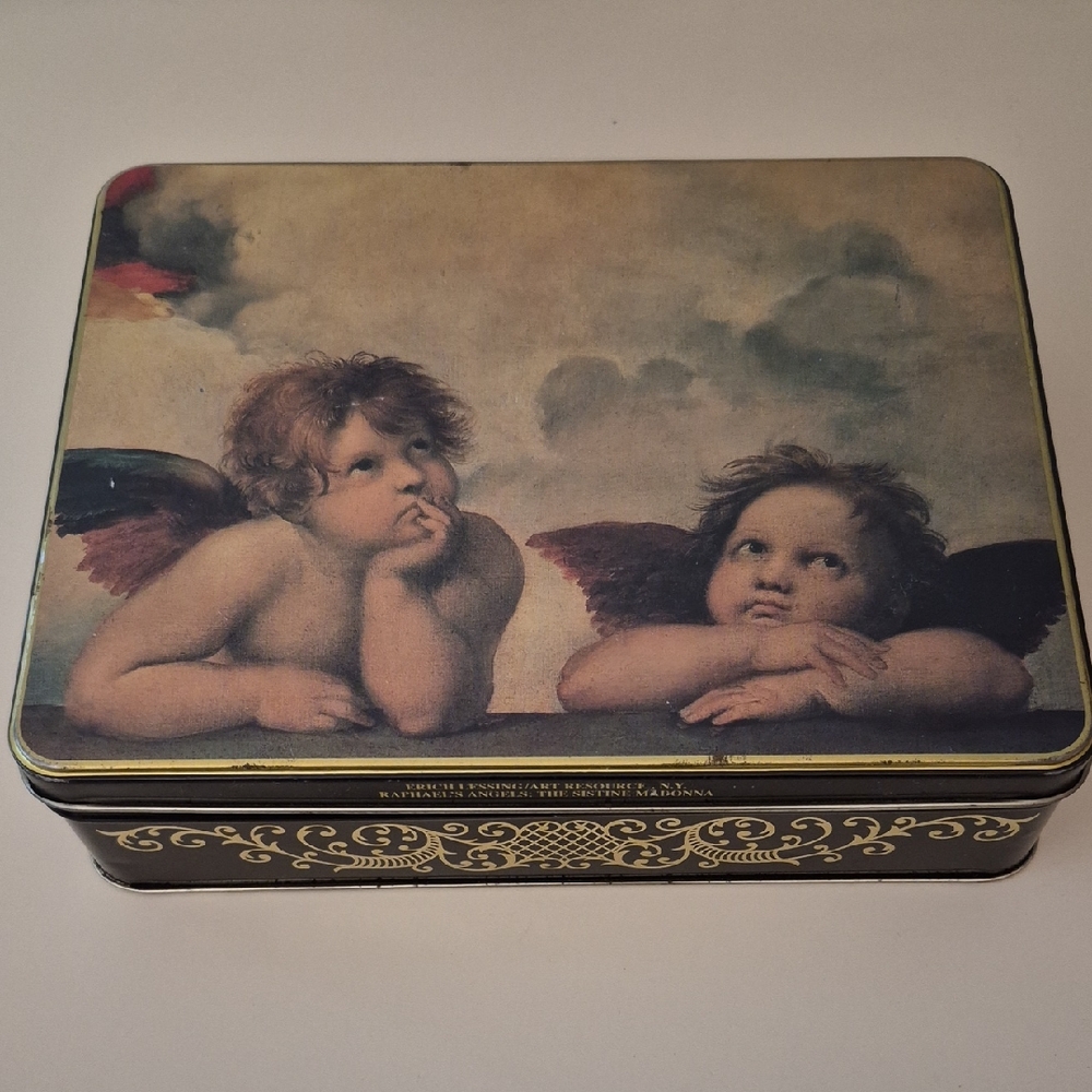 Vintage Decorative Cherub Tin Storage Box in Beige and Brown 9 X 6.75 X 2.25